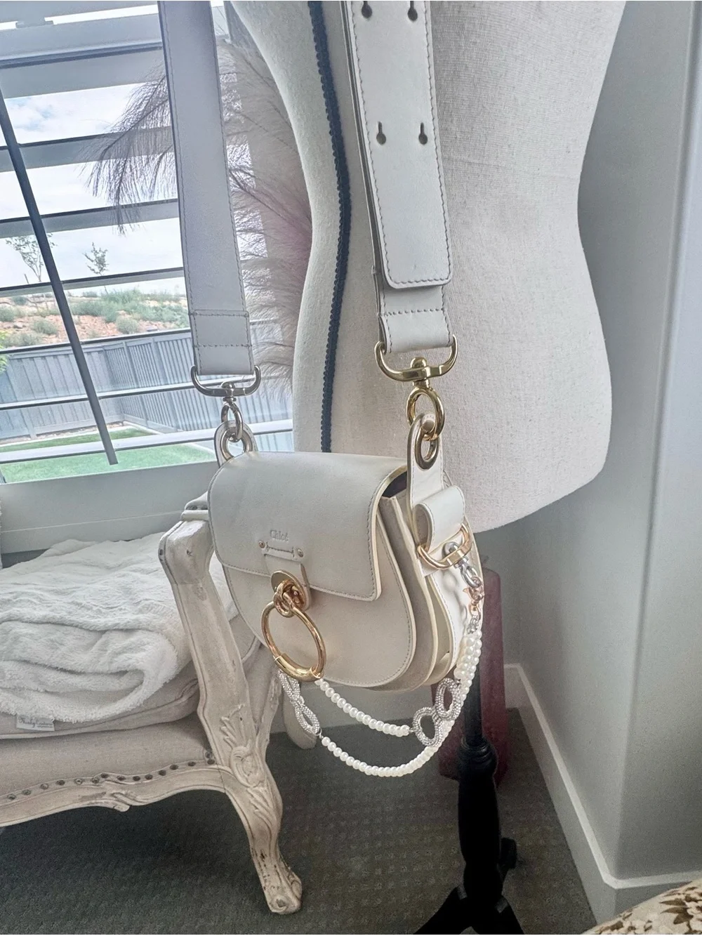 Chloé Tess Small Cream Leather Crossbody Gold Ring Bag